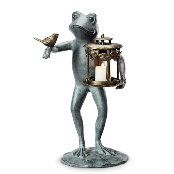 Frog and Bird Garden Lantern Sculpture Aluminum Candle Holder Whimsy